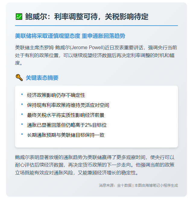 "鲍威尔：利率调整可待，关税影响待定"