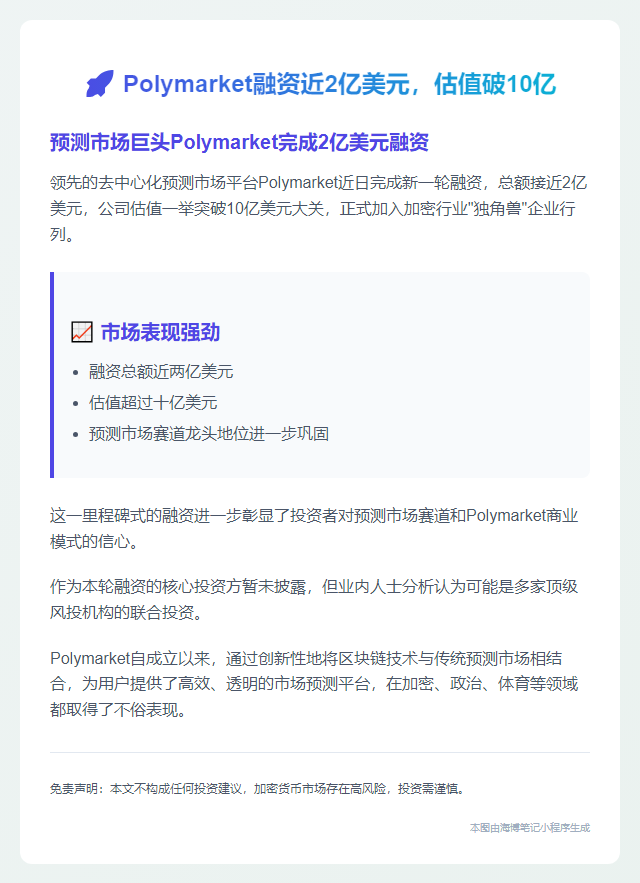 Polymarket融资近2亿美元，估值破10亿