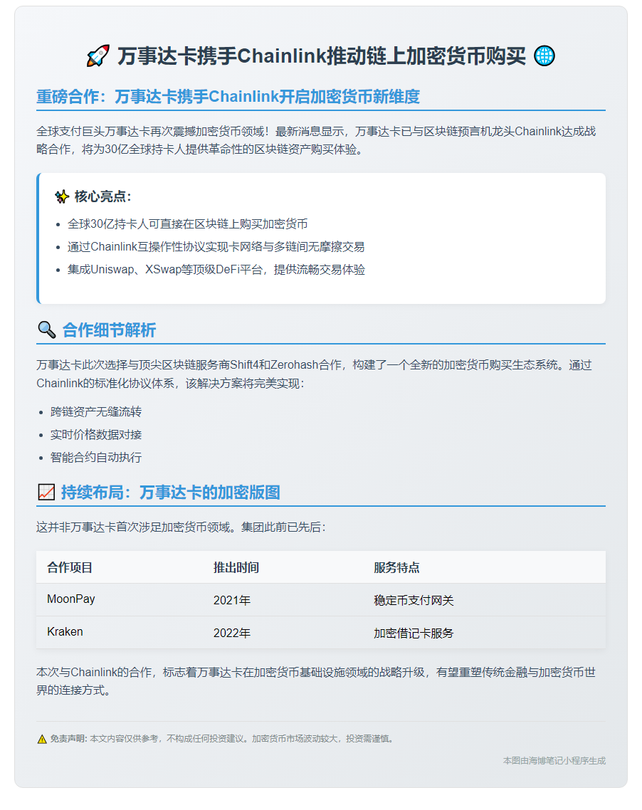 万事达卡携手Chainlink推动链上加密货币购买