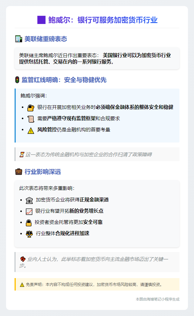 鲍威尔：银行可服务加密货币行业