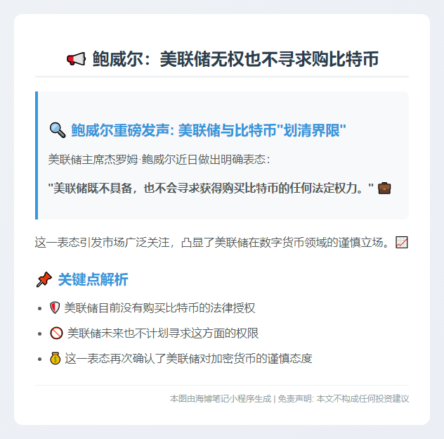 鲍威尔：美联储无权也不寻求购比特币