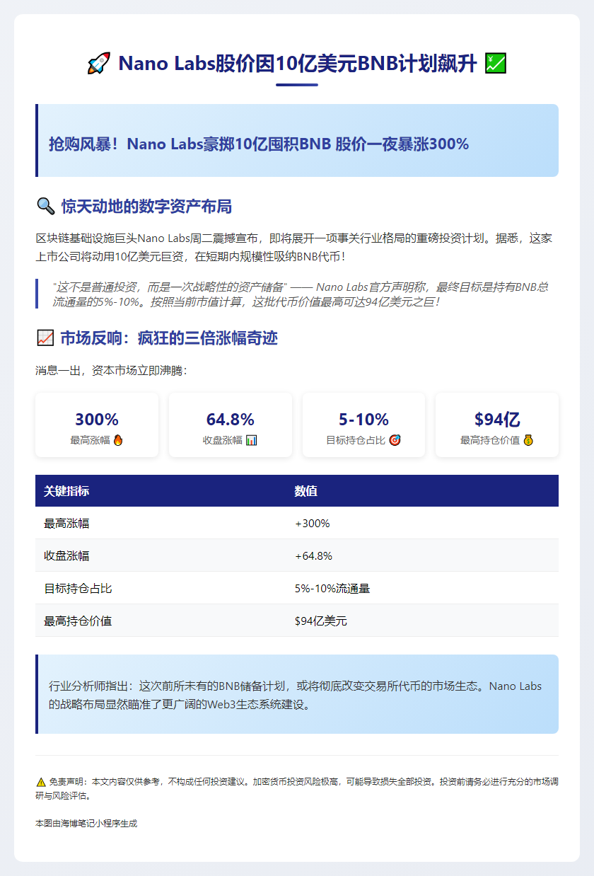 Nano Labs股价因10亿美元BNB计划飙升