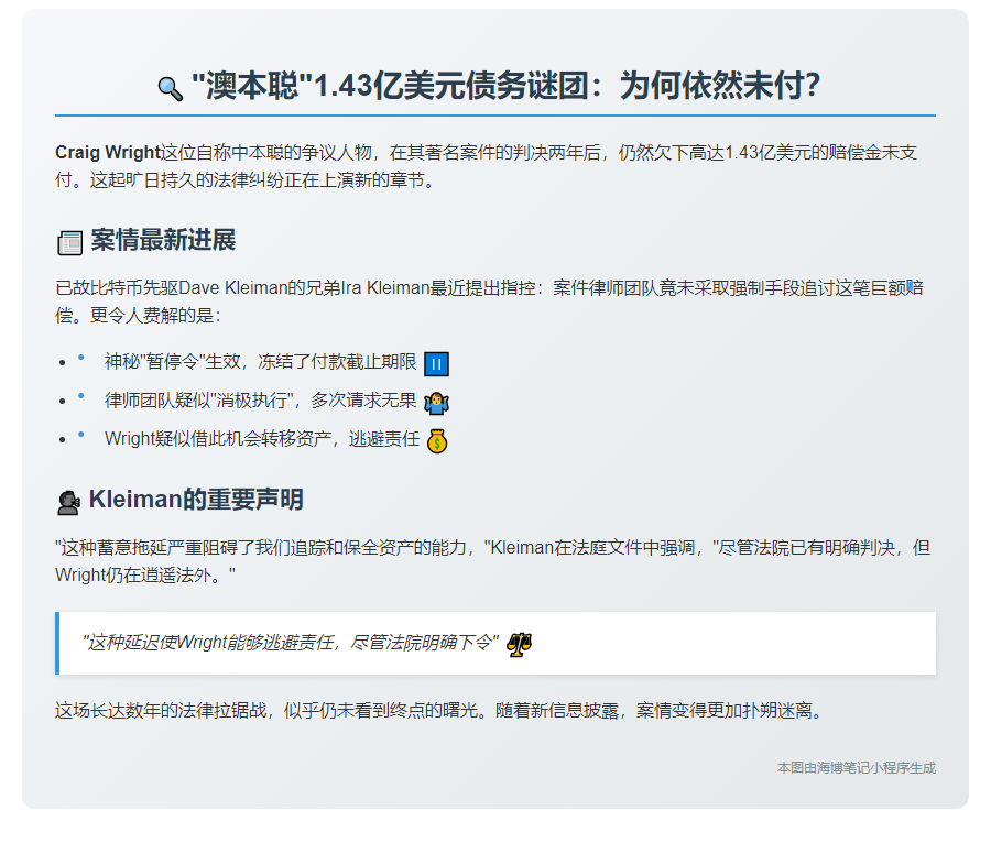 "C.Wright拒还1.43亿Kleiman判决"