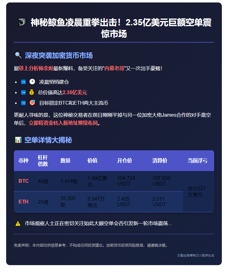 凌晨鲸鱼大单做空BTC和ETH