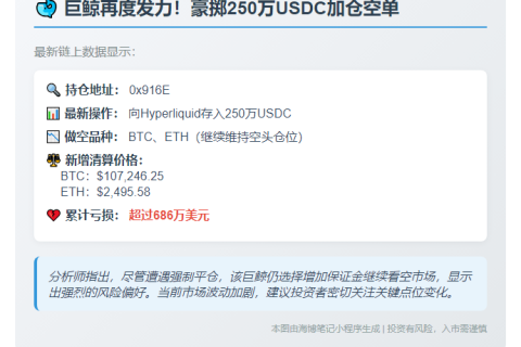 巨鲸存入250万USDC做空BTC和ETH