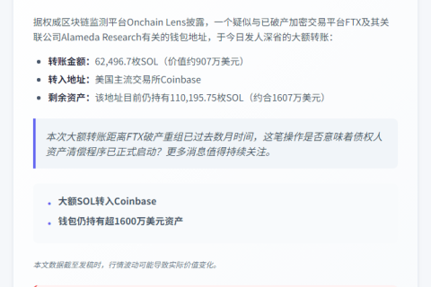 FTX关联钱包转907万美元SOL至Coinbase