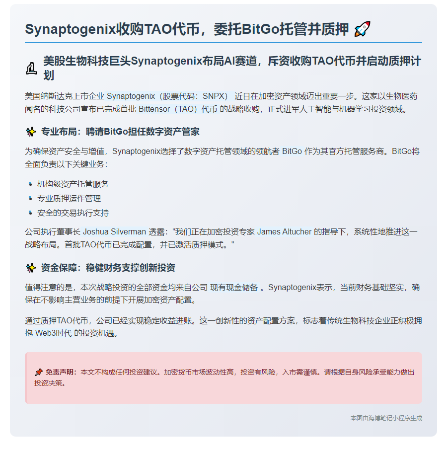 Synaptogenix收购TAO代币，委托BitGo托管并质押