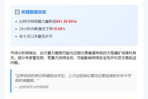 比特币哈希率跌至661.26 EH/s 创十月新低