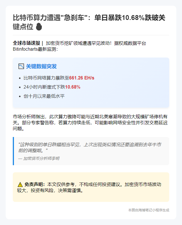 比特币哈希率跌至661.26 EH/s 创十月新低