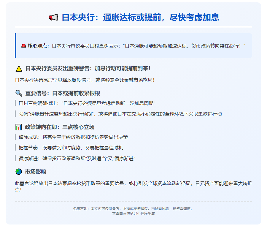 日本央行：通胀达标或提前，尽快考虑加息