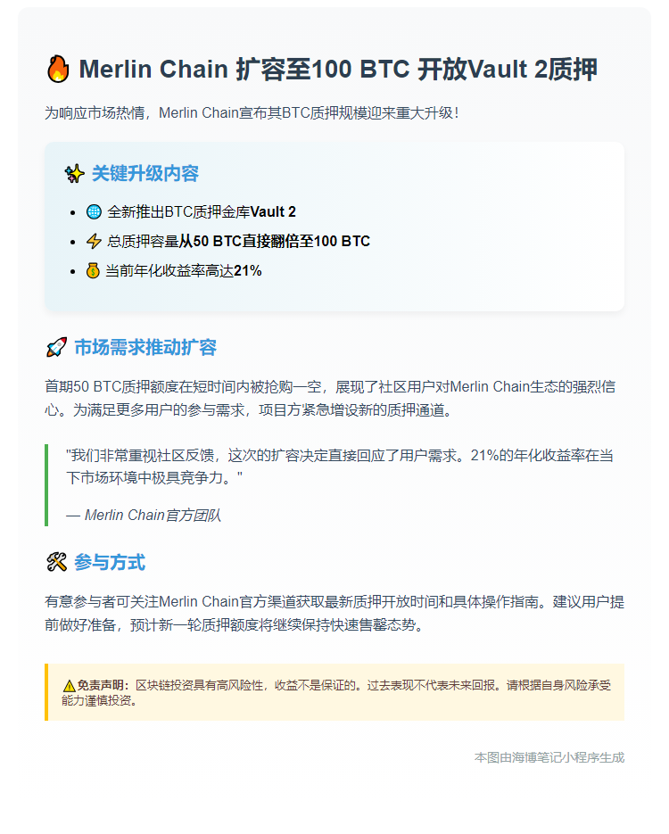 Merlin Chain扩容至100 BTC，开放Vault 2质押