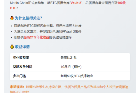 BTC质押Vault2开启，容量达100枚