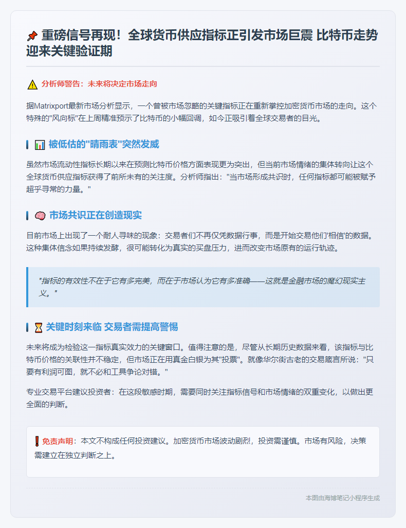 Matrixport：全球货币供应指标成市场焦点，未来一周验证信号关键
