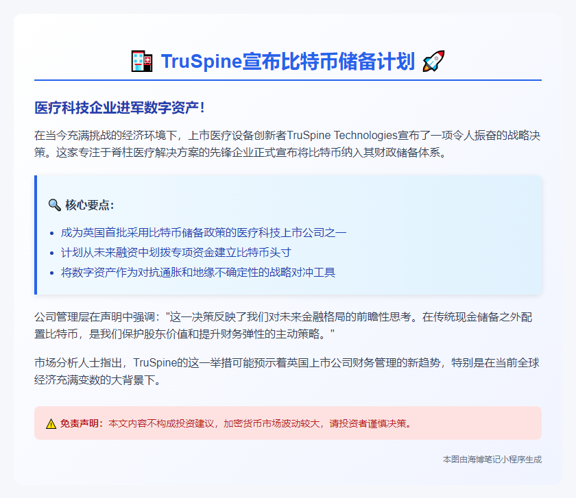 英上市公司TruSpine将采用比特币储备政策