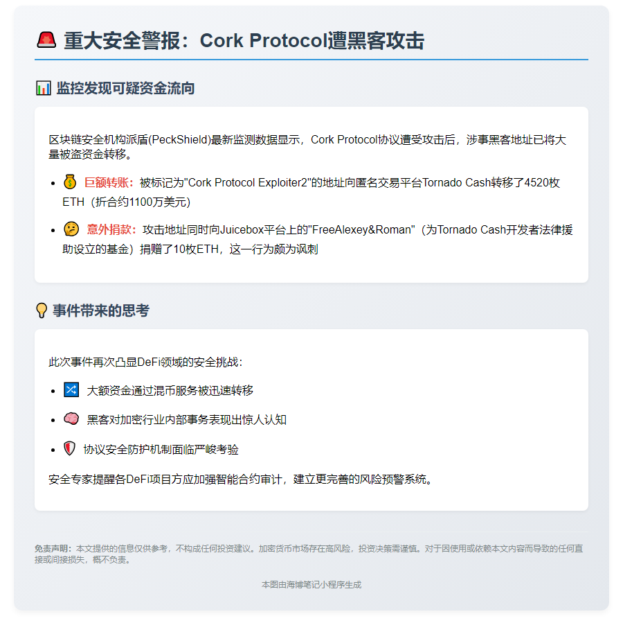 Cork Protocol攻击者转移4520 ETH至Tornado Cash