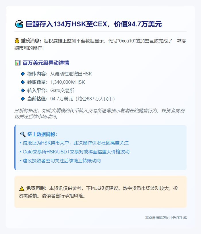 巨鲸存入134万HSK至CEX，价值94.7万美元