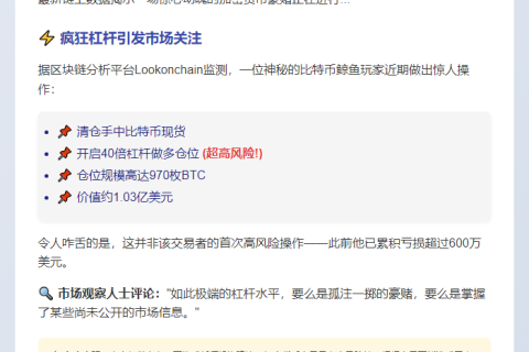 《巨鲸40倍杠杆做多BTC，仓位破亿》