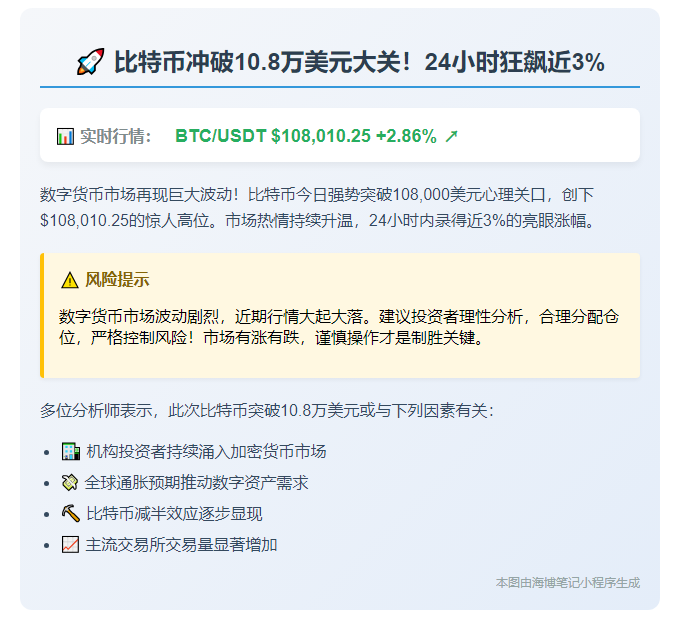 比特币破10.8万美元
