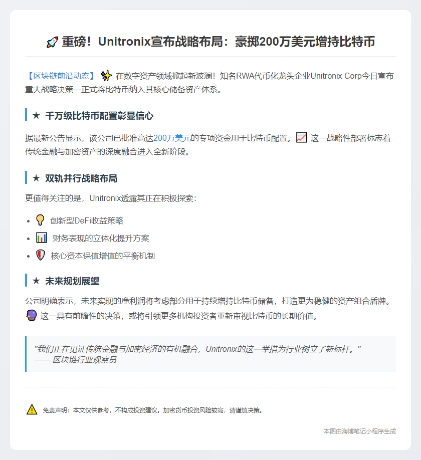 Unitronix将购入200万美元比特币作储备