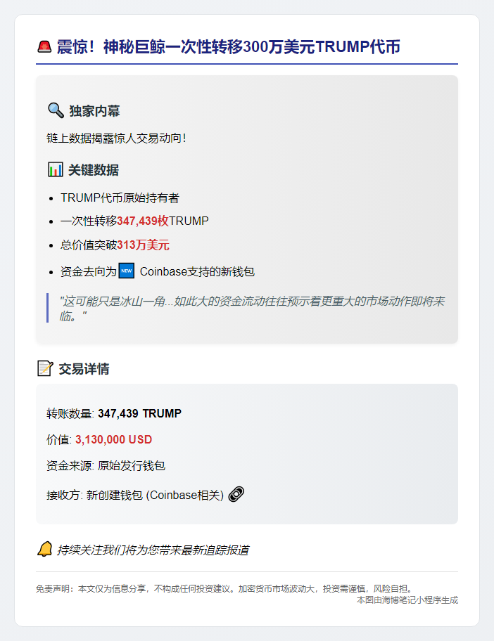 "TRUMP代币转移313万美元至新钱包"