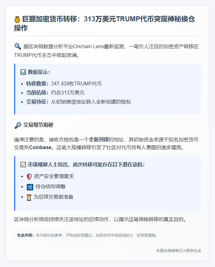 "某TRUMP代币持有者转移313万美元至新钱包"