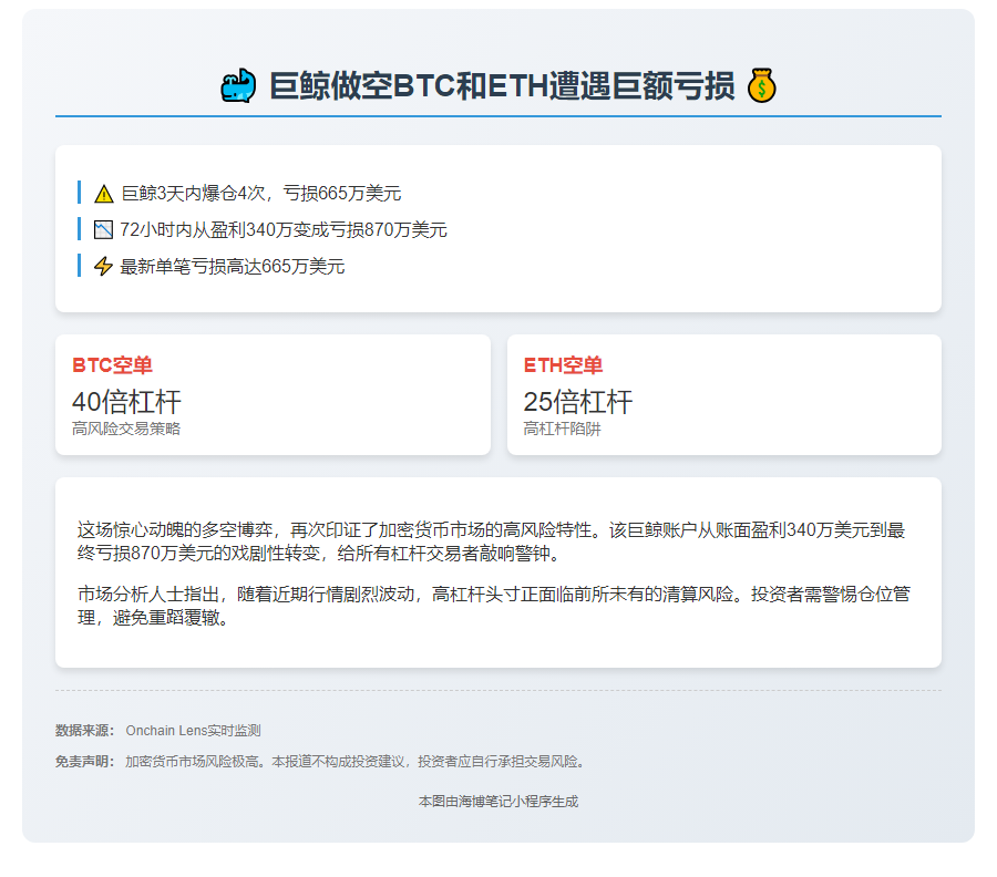 巨鲸做空BTC和ETH亏665万美元