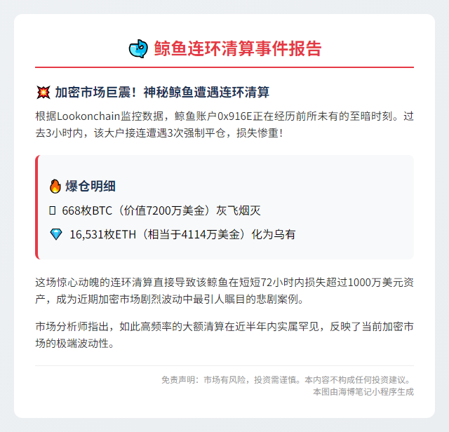 鲸鱼3天亏超千万 3小时再遭3次清算