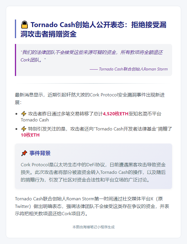 Tornado Cash拒收攻击者捐款并退回购回团队