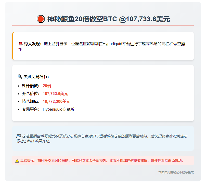 鲸鱼20倍做空BTC，开单价107,733.6美元