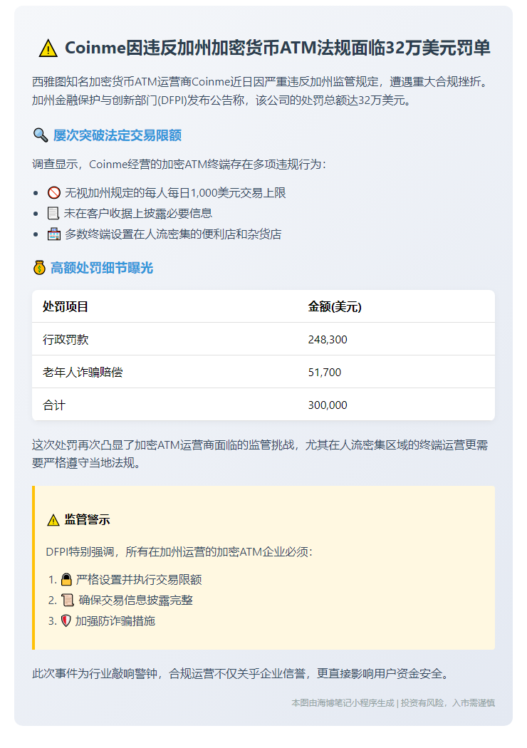 Coinme被罚30万违反加州ATM法规