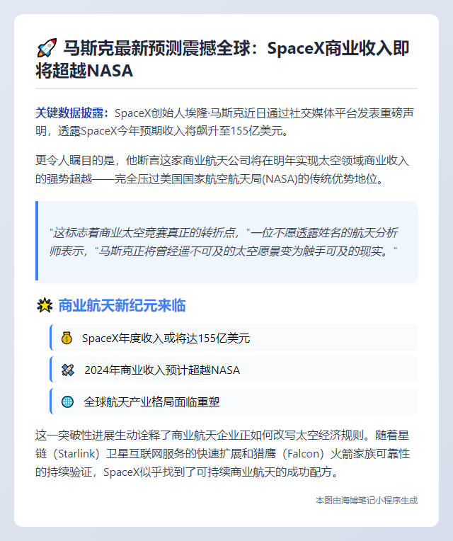 马斯克：SpaceX今年收入155亿美元