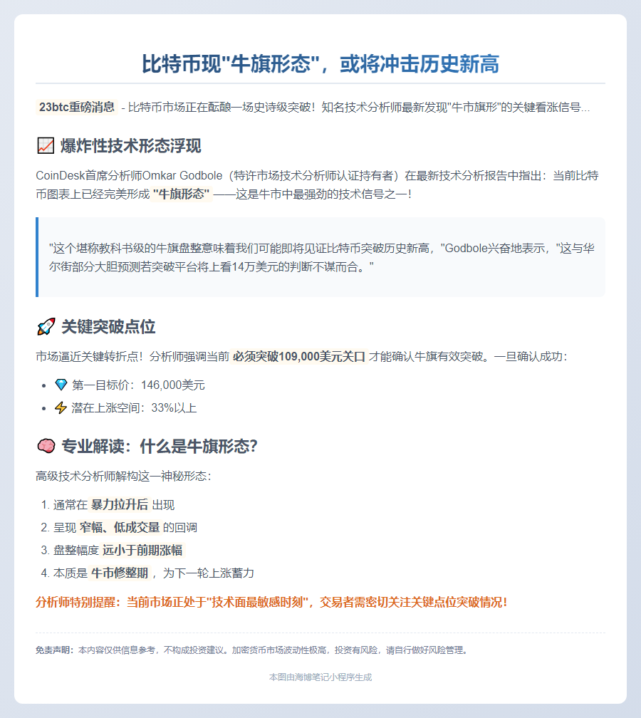 比特币牛旗盘整，突破后或创新高