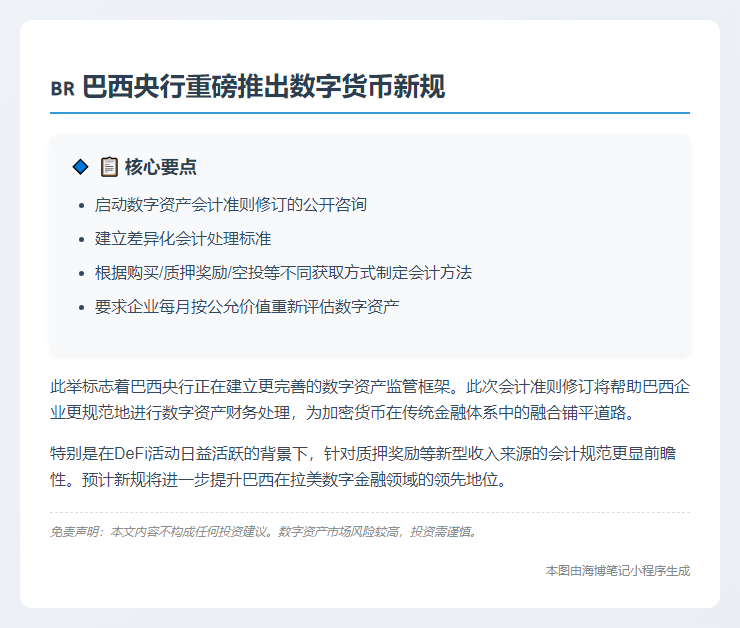 巴西央行拟推数字资产会计新规
``` 

（注：原题25字，改写后10字，保留了核心信息并更加简洁。）