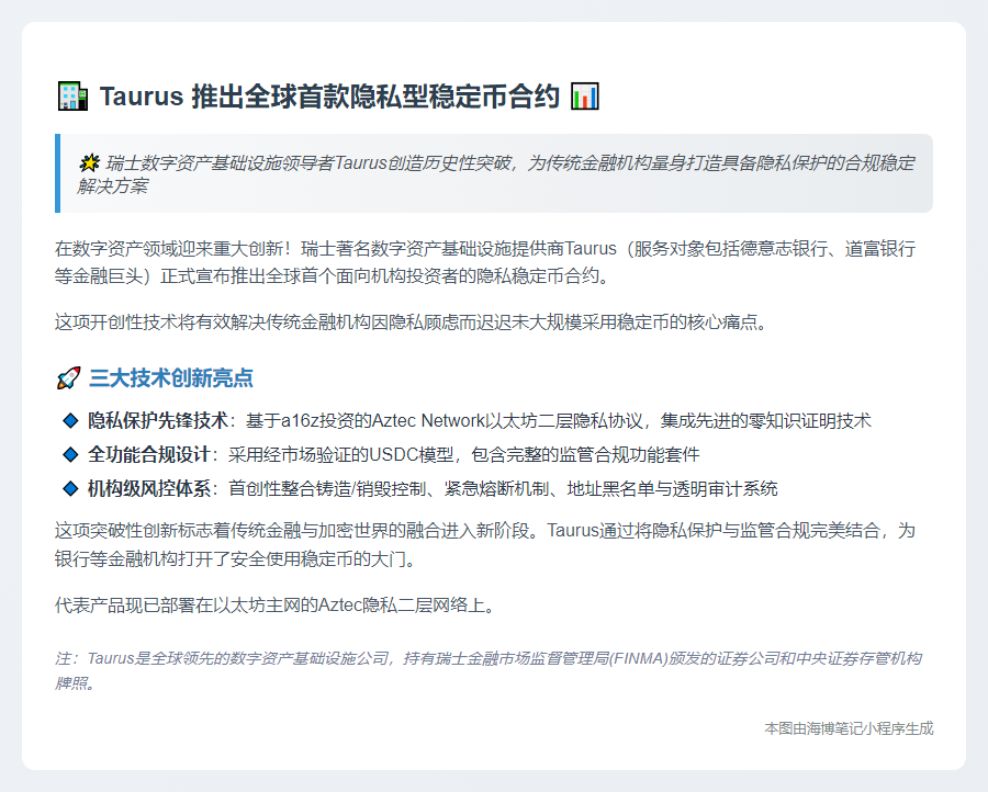 隐私稳定币合约上线，Taurus首创加密托管