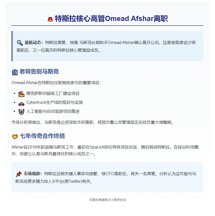 特斯拉高管Omead Afshar离职