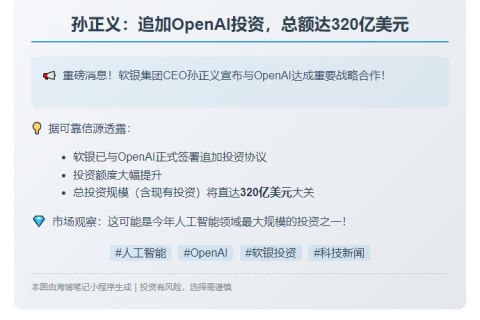 孙正义：追加OpenAI投资，总额达320亿美元