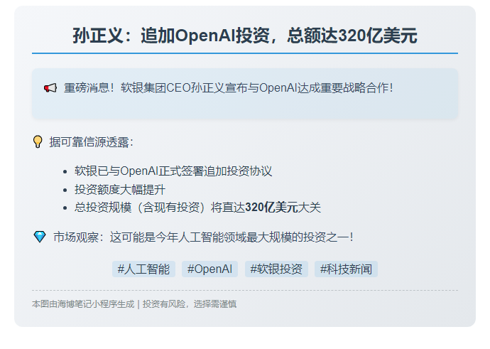 孙正义：追加OpenAI投资，总额达320亿美元