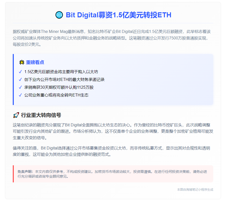 Bit Digital募资1.5亿美元转投ETH