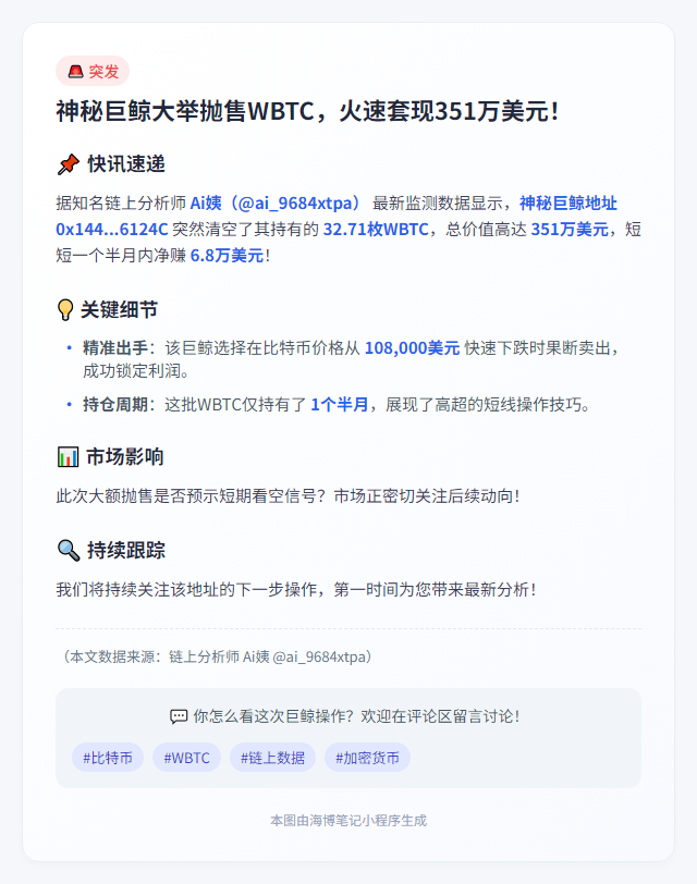 鲸鱼抛售32.71枚WBTC，赚6.8万美元