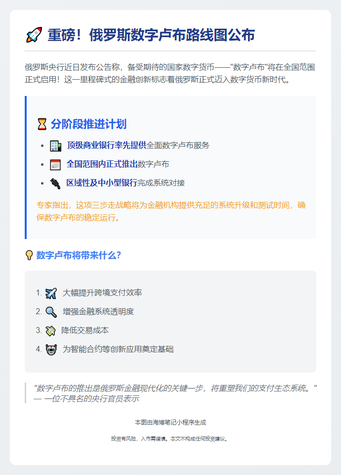 数字卢布2026年9月上线
