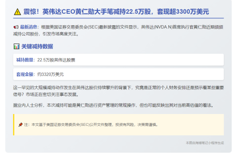 黄仁勋减持英伟达套现3320万美元