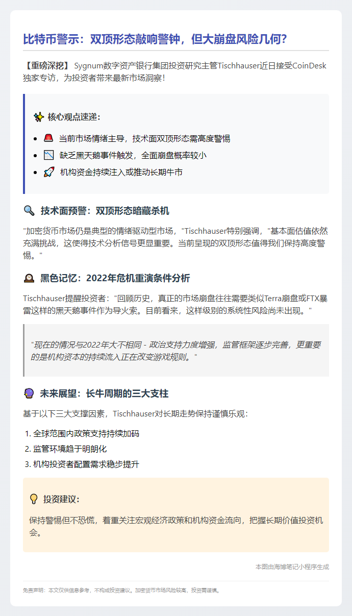 比特币双顶形态警报，全面崩盘几率低