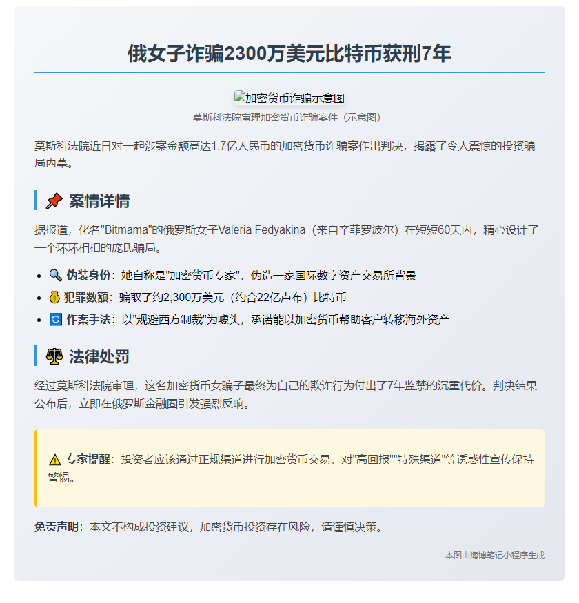 俄女子诈骗2300万美元比特币获刑7年
