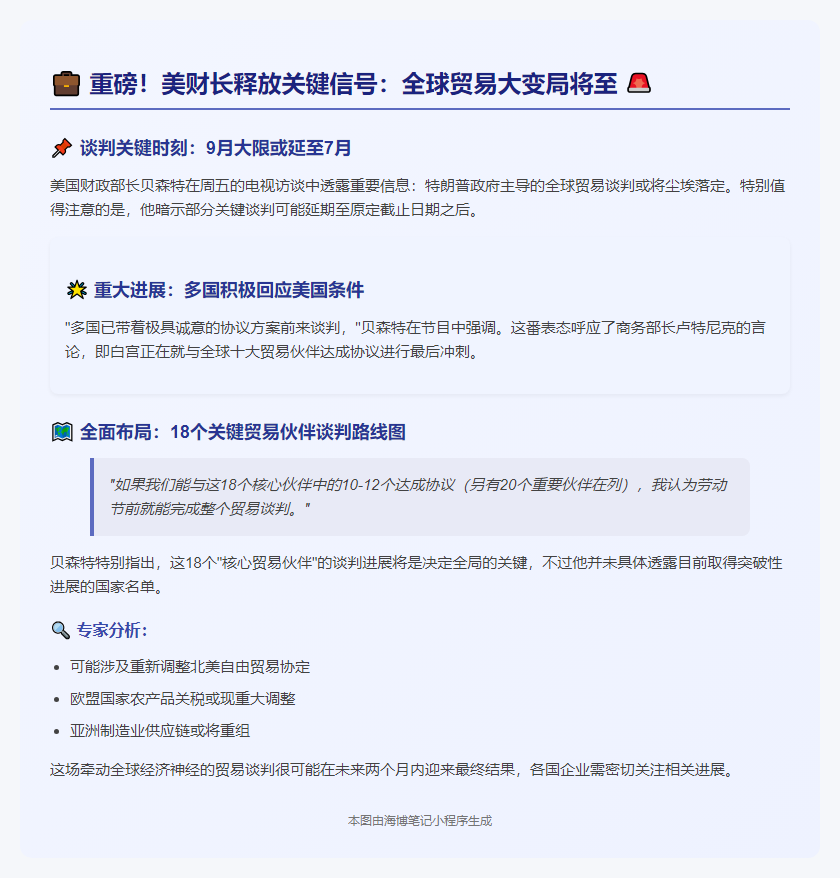 贝森特：九月或结束贸易谈判