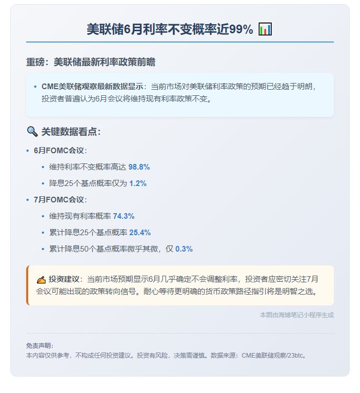 美联储6月利率不变概率近99%