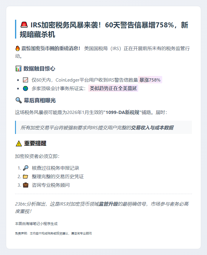 美加密投资者收IRS警告信激增758%，新税规明年生效