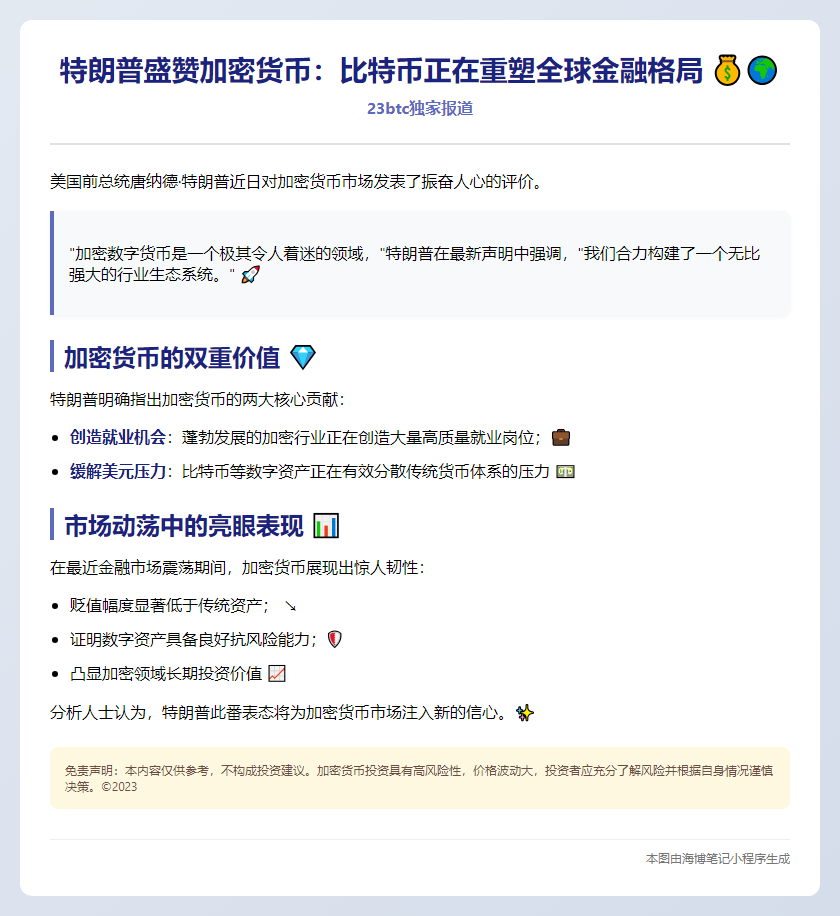 特朗普盛赞比特币缓解美元压力