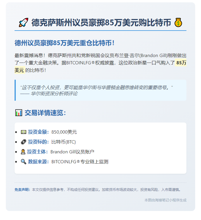 德克萨斯州议员豪掷85万美元购比特币