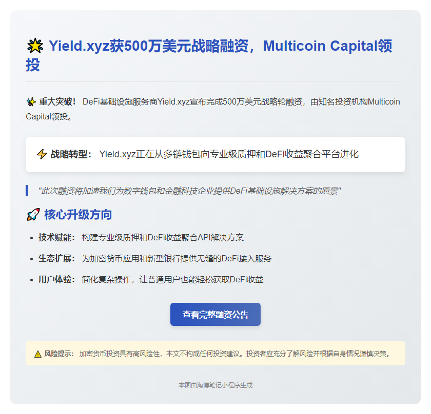 Yield.xyz获500万美元融资，Multicoin参投