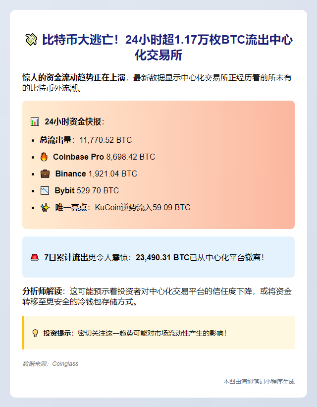 24小时CEX净流出1.1万枚BTC，7日累计2.3万枚